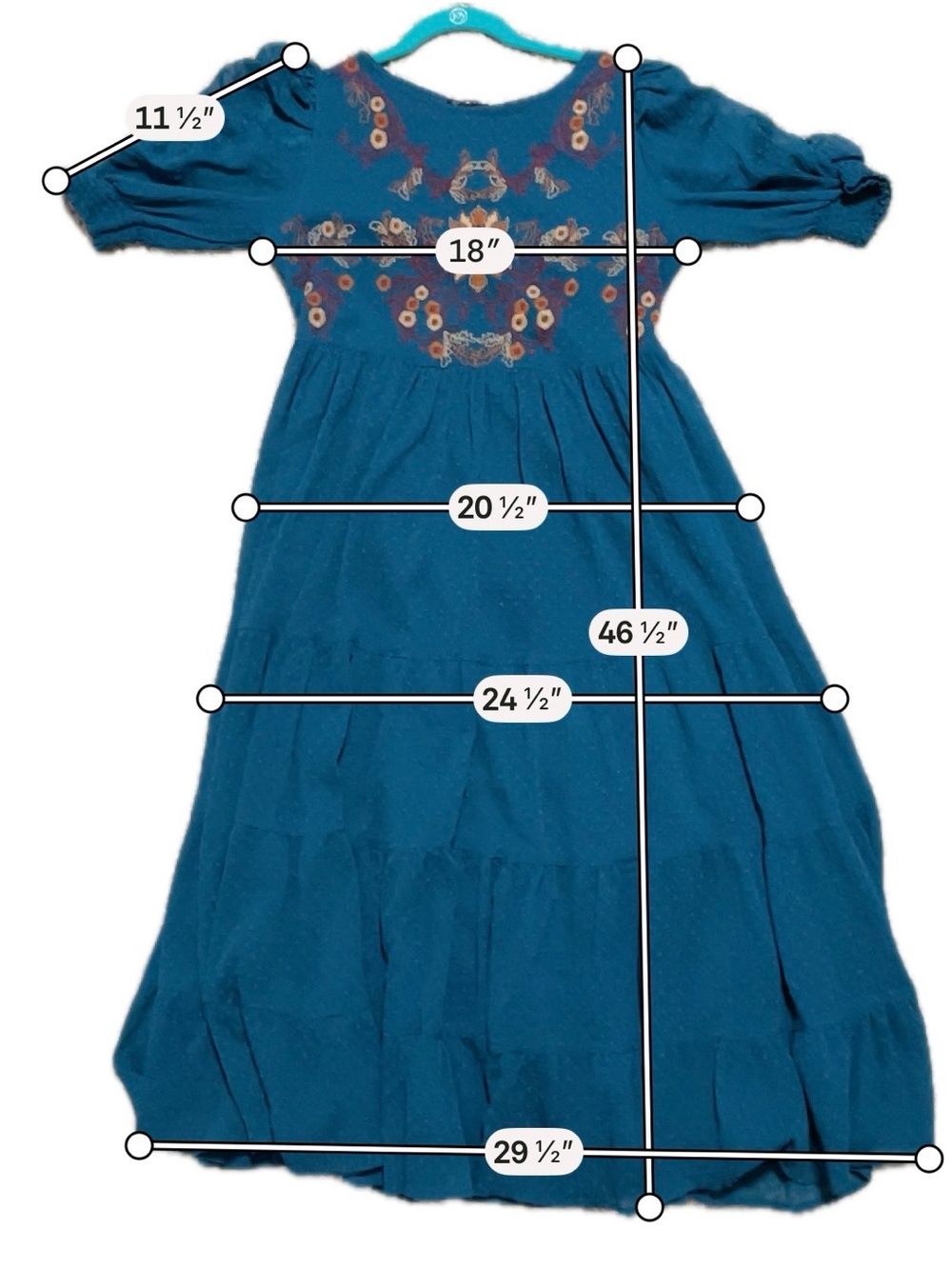 Antheaa Teal Embroidered Swiss Dot Tiered Midi Dress Puff Sleeve Boho Medium - Picture 4 of 7
